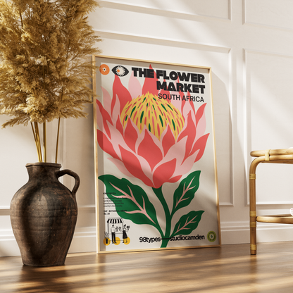 The Flower Market South Africa King Protea botanical poster print UK — national flower Cape Floristic graphic wall art 260gsm printed in England Camden Market