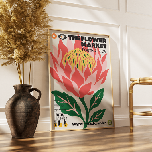 The Flower Market South Africa King Protea botanical poster print UK — national flower Cape Floristic graphic wall art 260gsm printed in England Camden Market