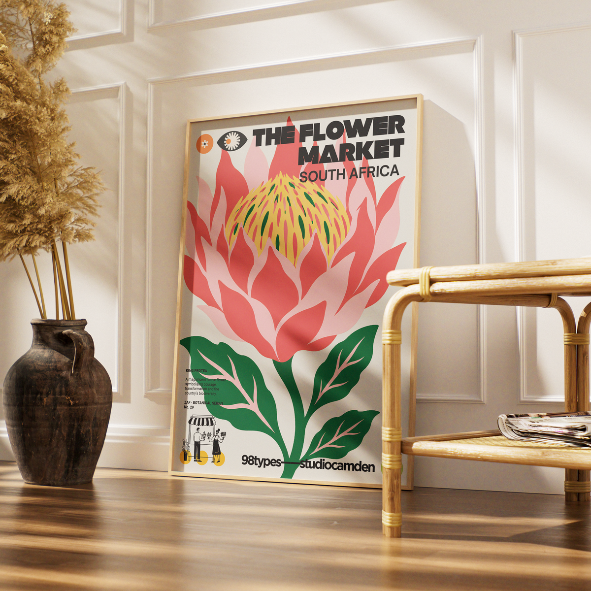 The Flower Market South Africa King Protea botanical poster print UK — national flower Cape Floristic graphic wall art 260gsm printed in England Camden Market