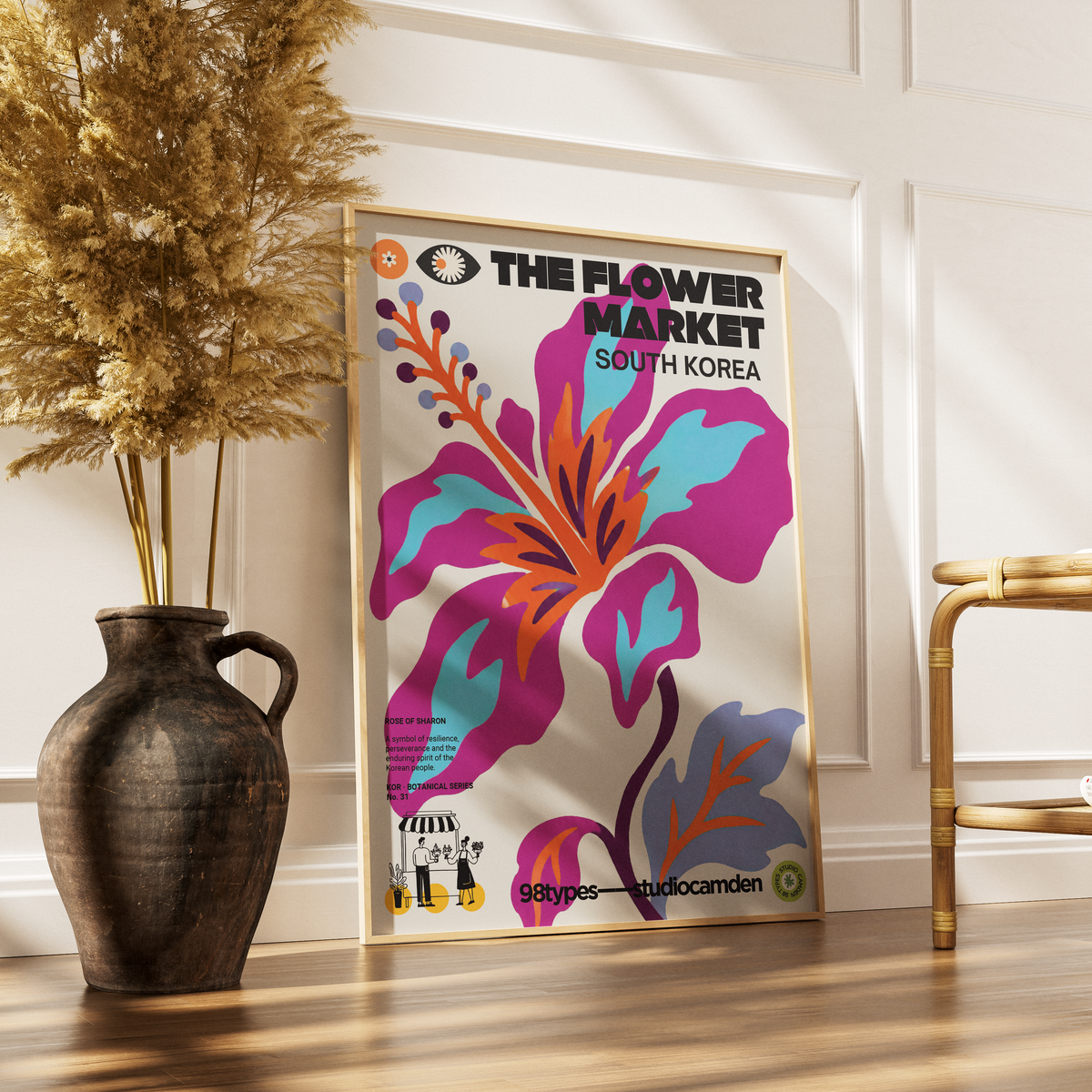 The Flower Market South Korea Rose of Sharon Mugunghwa botanical poster print UK — national flower graphic wall art 260gsm printed in England Camden Market