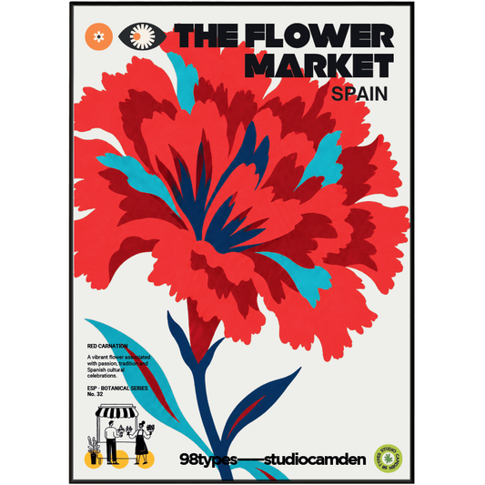 The Flower Market Spain Carnation flamenco botanical poster print UK — Feria de Abril Andalusia graphic wall art 260gsm printed in England Camden Market