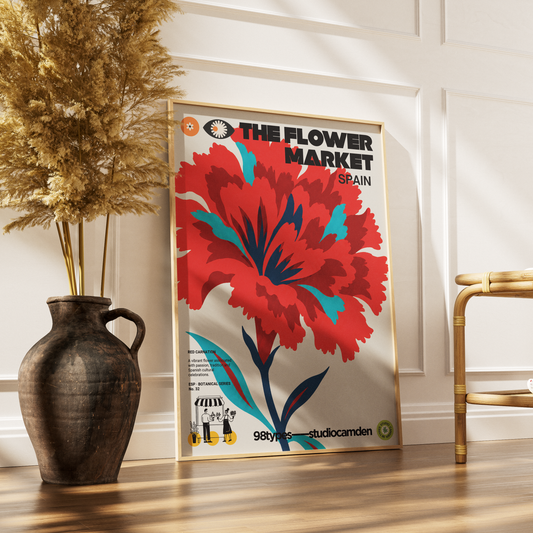 The Flower Market Spain Carnation flamenco botanical poster print UK — Feria de Abril Andalusia graphic wall art 260gsm printed in England Camden Market