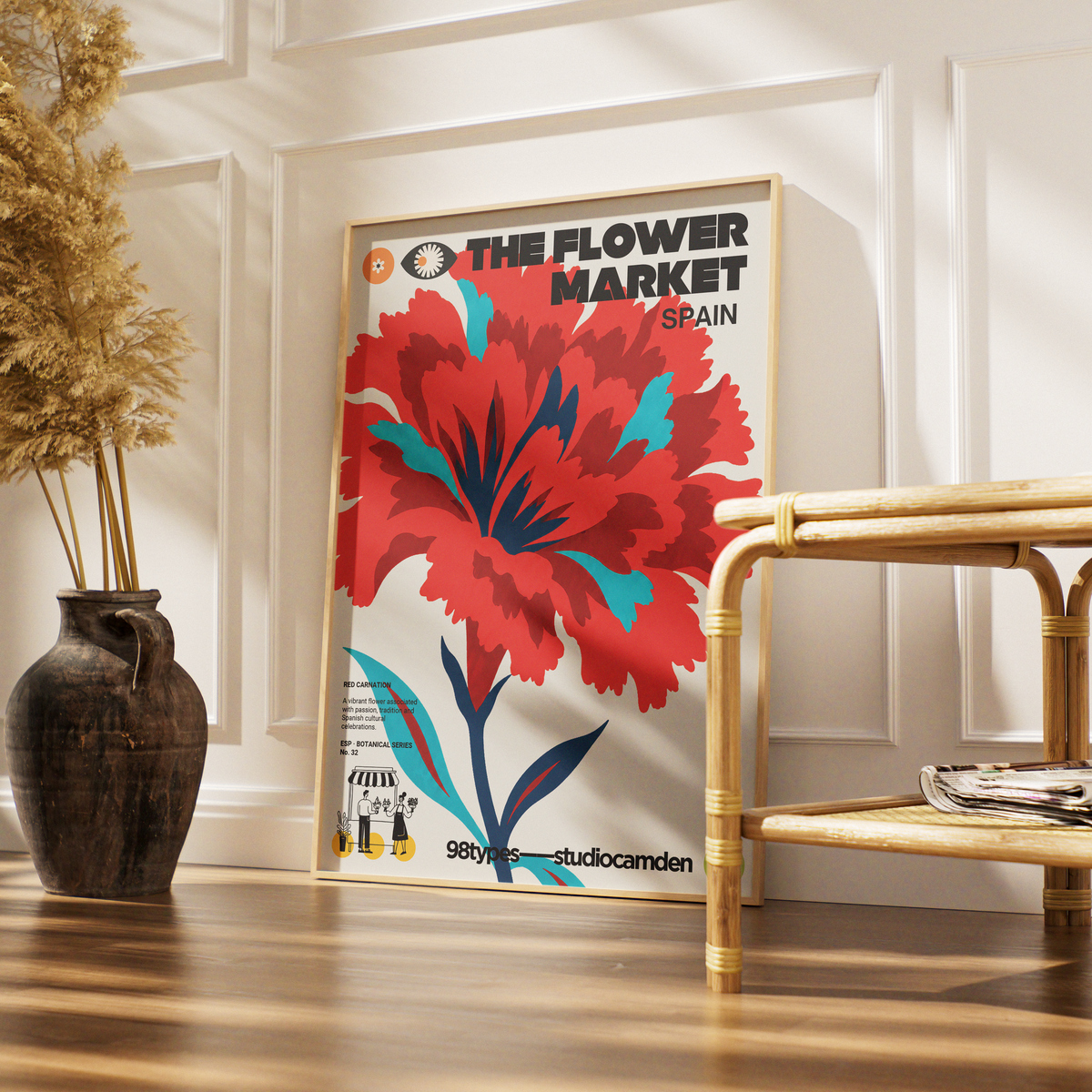 The Flower Market Spain Carnation flamenco botanical poster print UK — Feria de Abril Andalusia graphic wall art 260gsm printed in England Camden Market