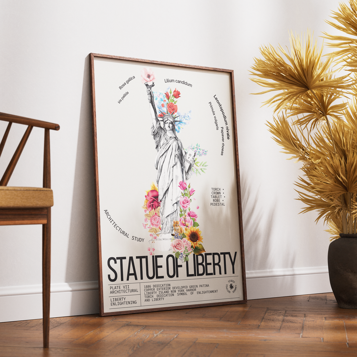 Statue of Liberty vintage botanical archive print UK — New York landmark wall art 260gsm printed in England Camden Market
