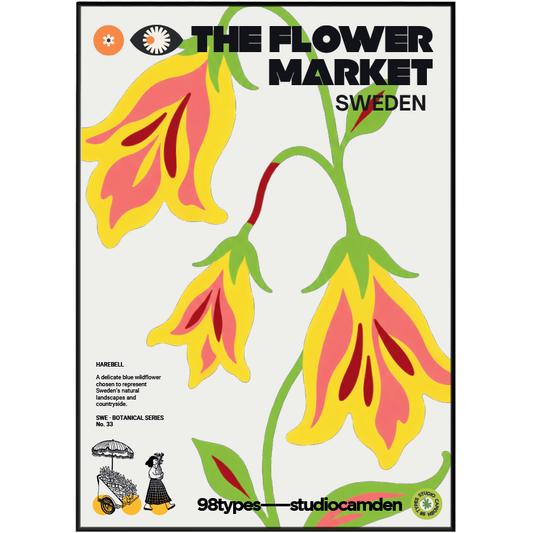 The Flower Market Sweden Harebell Blaklocka botanical poster print UK — Swedish wildflower graphic wall art 260gsm printed in England Camden Market