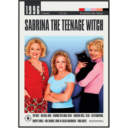 DVD cover for the 1996 film 'Sabrina the Teenage Witch', featuring the three main characters and a black cat against a light blue background, with the title at the top.