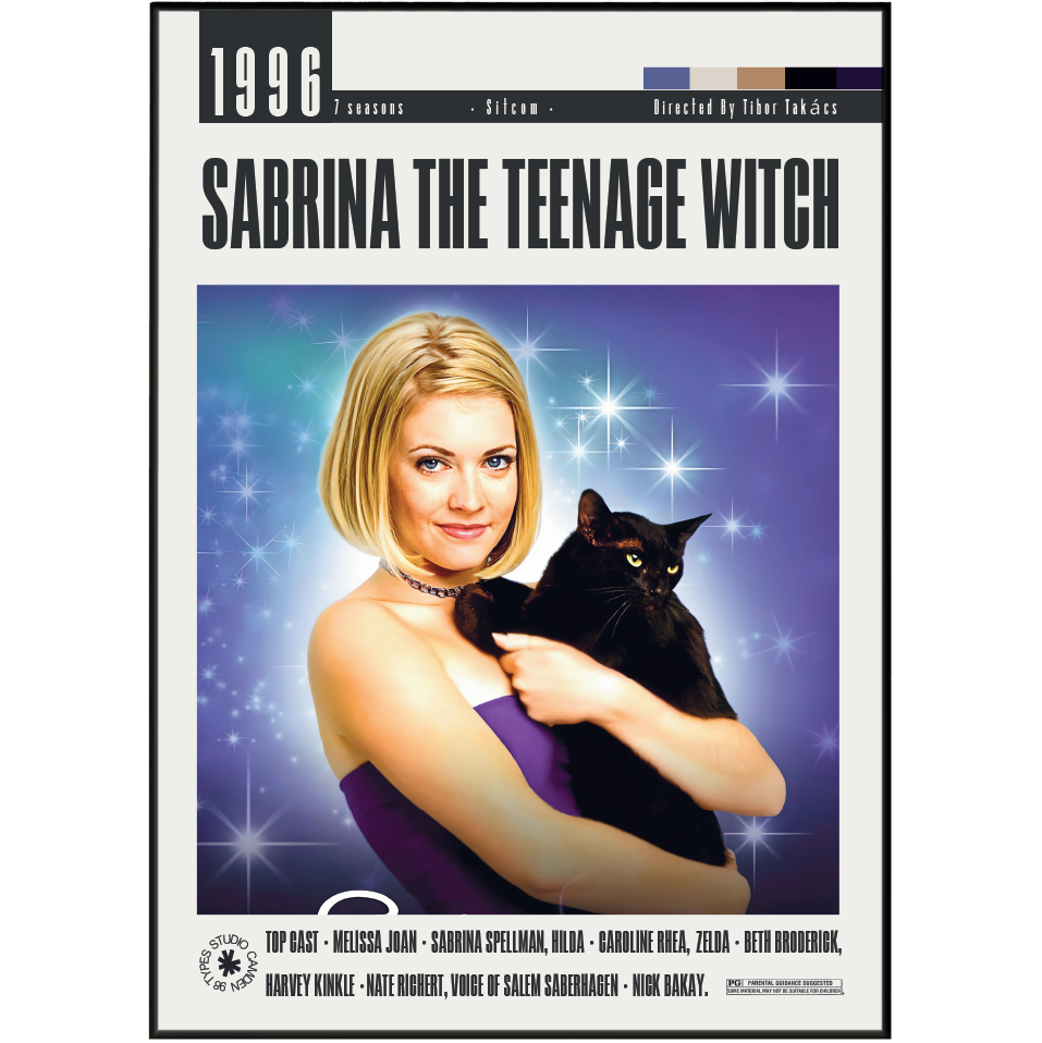 Front cover of the 1996 film 'Sabrina the Teenage Witch' on a white background, showing a blonde woman in a purple dress holding a black cat against a blue-purple starry backdrop.