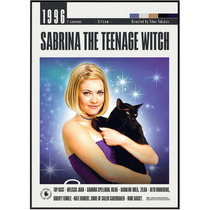 Front cover of the 1996 film 'Sabrina the Teenage Witch' on a white background, showing a blonde woman in a purple dress holding a black cat against a blue-purple starry backdrop.