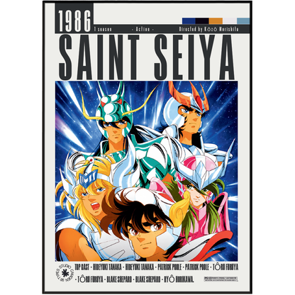 Saint Seiya 1986 3 season action movie poster featuring the main anime characters in their iconic armor against a blue starry background, with the title 'SAINT SEIYA' in large letters at the top.