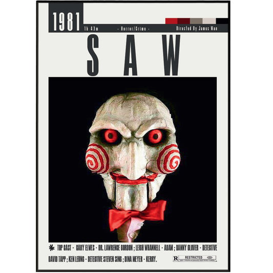 Saw 2004 horror film poster — James Wan Jigsaw Billy puppet traps psychological horror wall art print UK
