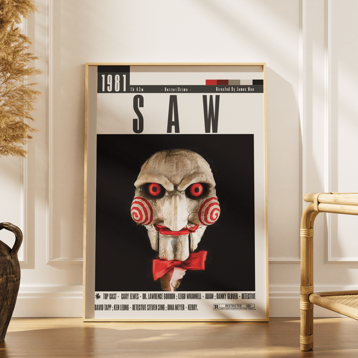 Saw 2004 horror film poster — James Wan Jigsaw Billy puppet traps psychological horror wall art print UK
