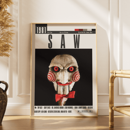 Saw 2004 horror film poster — James Wan Jigsaw Billy puppet traps psychological horror wall art print UK

