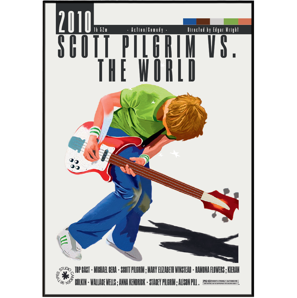A stylized illustrated movie poster for 'Scott Pilgrim vs. The World' (2010) featuring Scott Pilgrim playing an electric bass guitar.