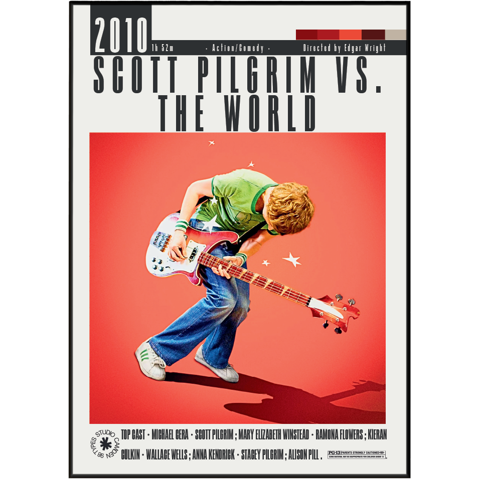 A movie poster for the 2010 film 'Scott Pilgrim vs. The World' featuring a stylized illustration of Scott Pilgrim playing an electric guitar against a red background, with the title and cast names printed on a light gray border.