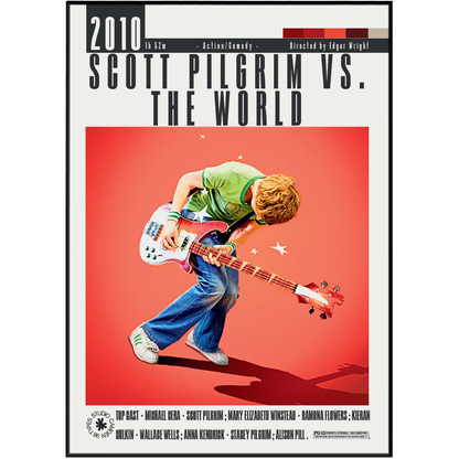 A movie poster for the 2010 film 'Scott Pilgrim vs. The World' featuring a stylized illustration of Scott Pilgrim playing an electric guitar against a red background, with the title and cast names printed on a light gray border.