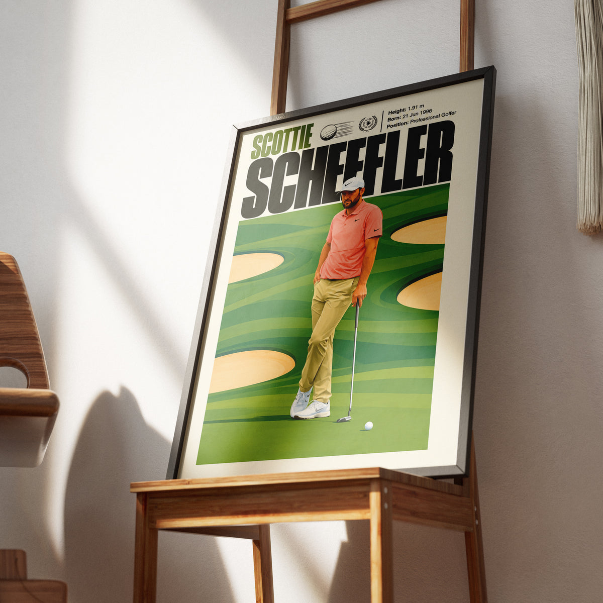 Scottie Scheffler poster, American golf wall art print in a living room - 98types