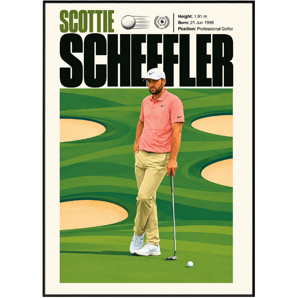 Scottie Scheffler poster, American golf wall art print in a living room - 98types