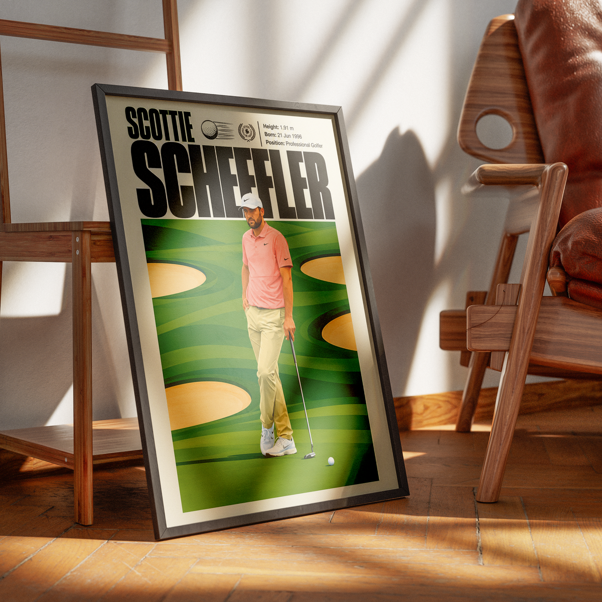 Scottie Scheffler poster, American golf wall art print in a living room - 98types