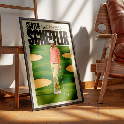 Scottie Scheffler poster, American golf wall art print in a living room - 98types