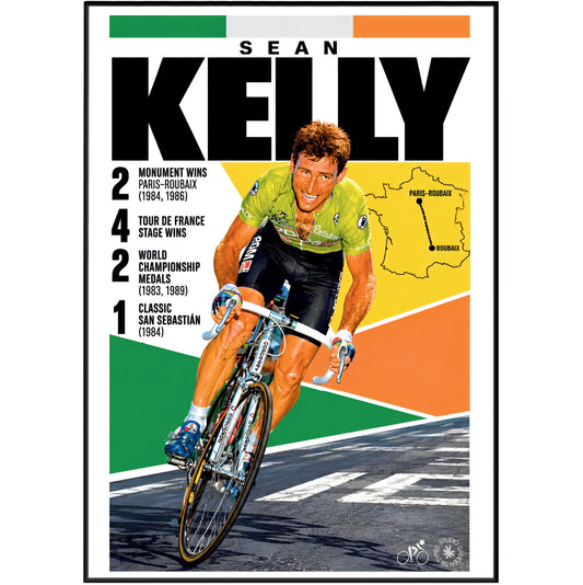 A framed cycling poster featuring Sean Kelly in a green jersey riding a road bike, with large black 'SEAN KELLY' text, race statistics, a small map of Vichy, and a multicolor geometric background.