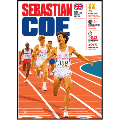 A framed sports poster featuring Sebastian Coe in a track race, with large red and blue text at the top, race details on the right, and a running track scene. The poster is shown against a black background.