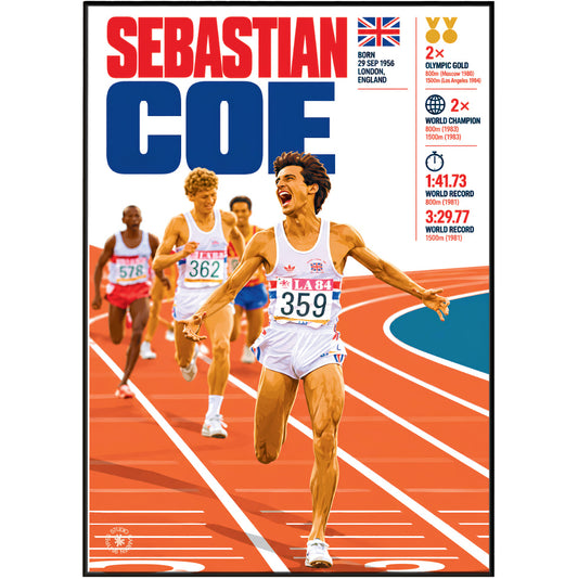 A framed sports poster featuring Sebastian Coe in a track race, with large red and blue text at the top, race details on the right, and a running track scene. The poster is shown against a black background.
