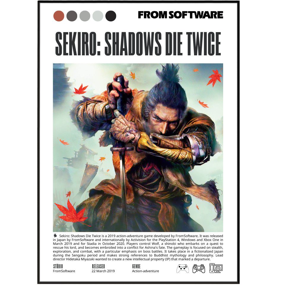 Sekiro Shadows Die Twice 2019 game poster — FromSoftware Wolf Sengoku Japan combat wall art print UK - 98types