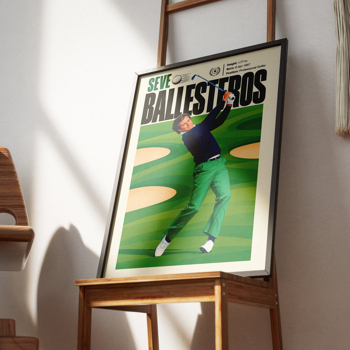 Seve Ballesteros poster, Spanish golf wall art print in a home office - 98types