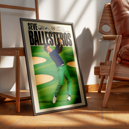Seve Ballesteros poster, Spanish golf wall art print in a home office - 98types