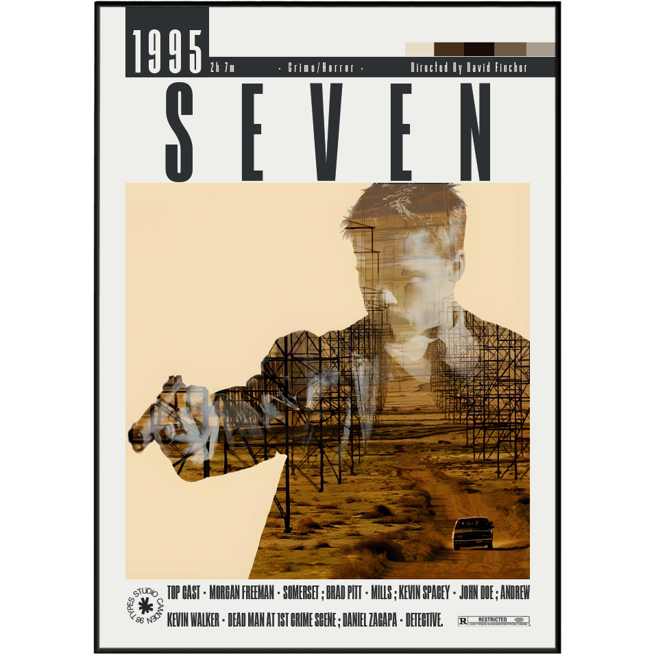 A movie poster for the 1995 film 'Seven' featuring a beige and black design with a central composite image of a man in a suit and tie over a desert landscape, with the title 'SEVEN' in large letters at the top.