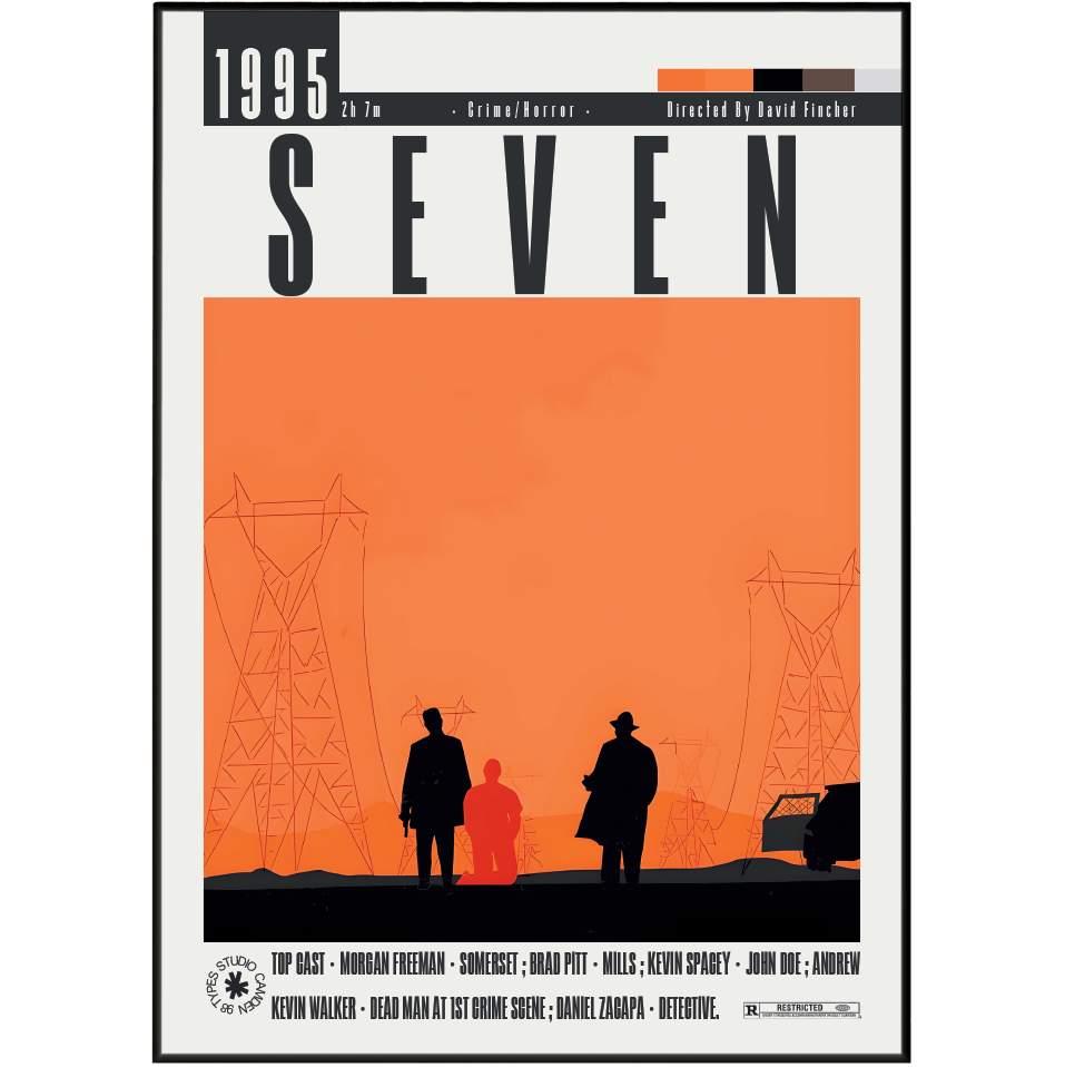 A minimalist movie poster for the 1995 film 'Seven' directed by David Fincher. The design features a cream-colored background with a thick black border, bold black title text, and a central orange graphic depicting three black silhouettes against an orange sky with power line towers.