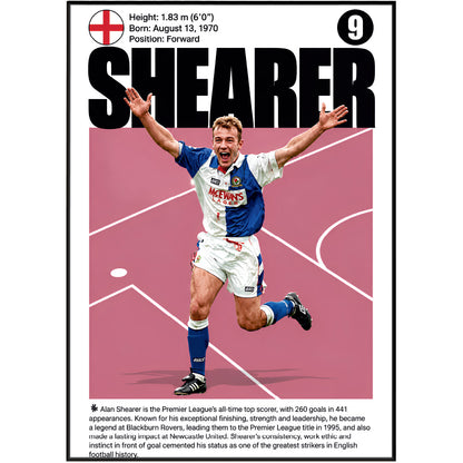 A football player poster featuring Alan Shearer with a red and white England crest, his birth details, position, large number 9, and a black-bordered white background.
