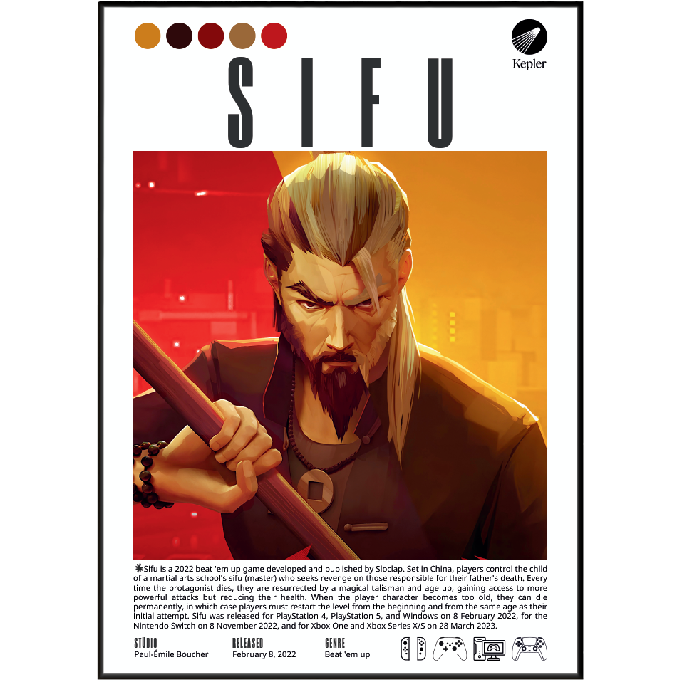 A product packaging card for the video game 'Sleifu' by Kepner, featuring stylized character art of a bearded man with blonde hair against a red and orange background. The card includes the Kepner logo, the game title 'SLEFU' in large letters, a color palette strip at the top, and a detailed product blurb at the bottom.