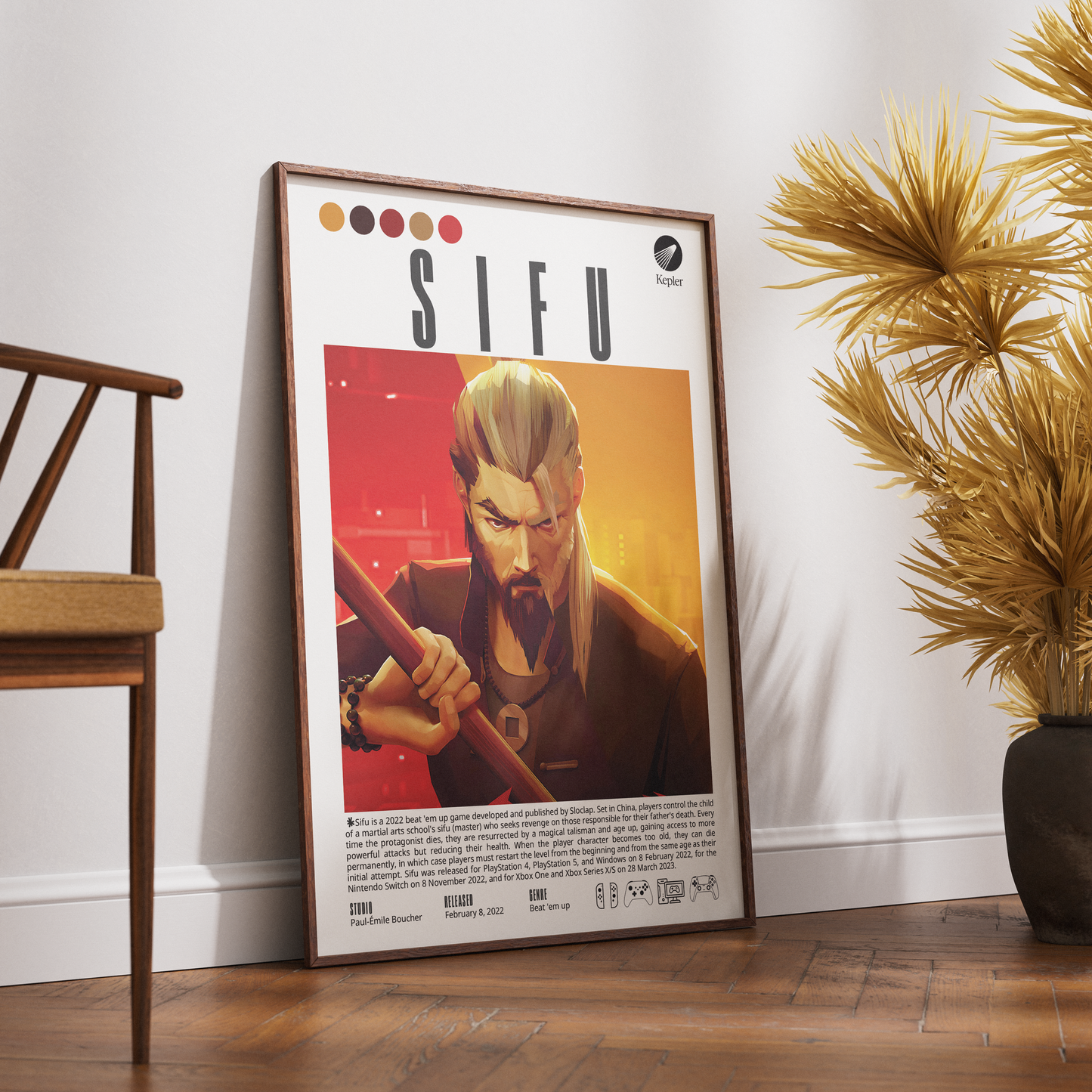 A framed SIEFU art print featuring a stylized illustration of a bearded man with blond hair holding a weapon, leaning against a white wall on a wooden floor next to a chair and a potted plant.
