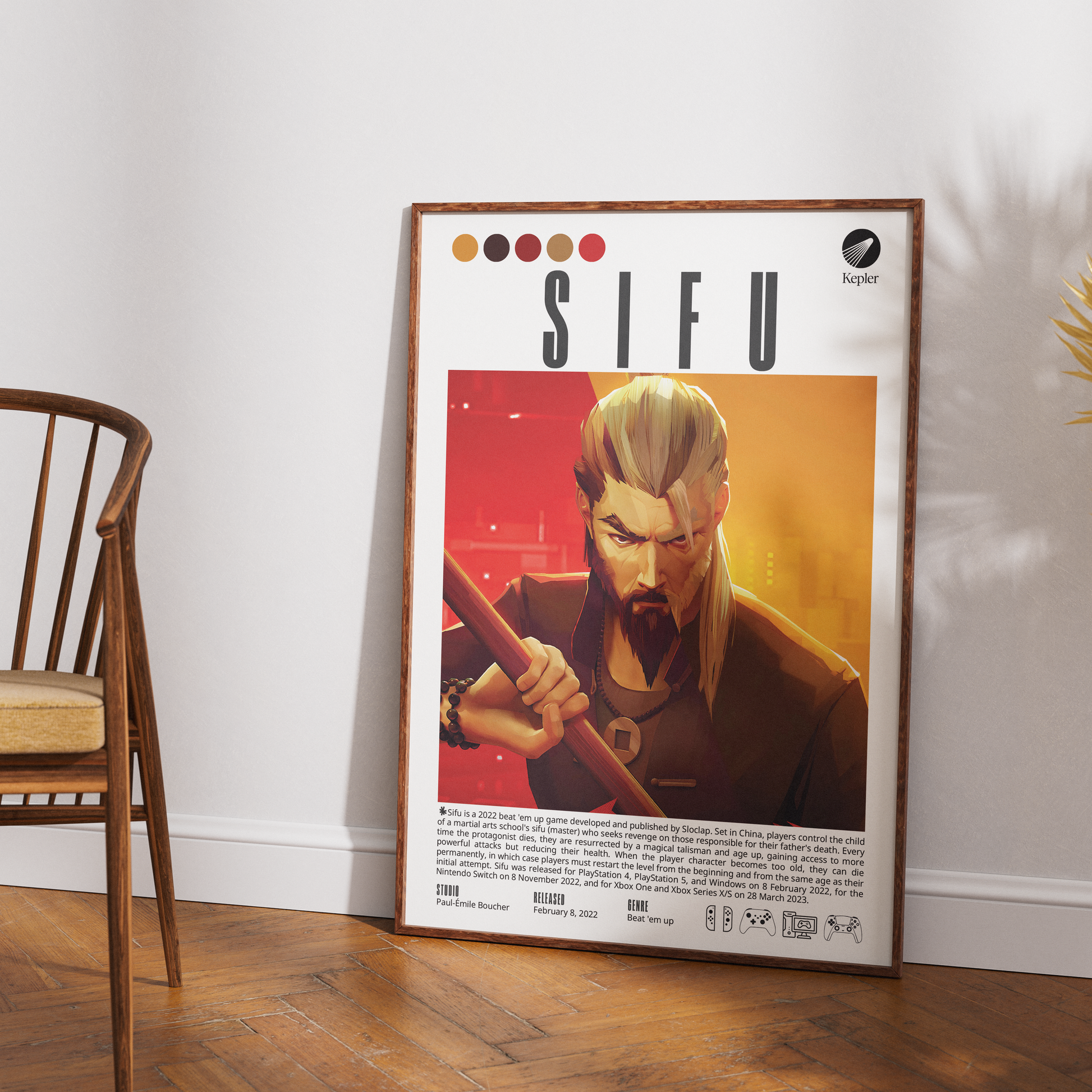 A framed poster featuring an illustrated character with the large text 'SIEU' leans against a white wall on a wood floor, with part of a wooden chair visible on the left.