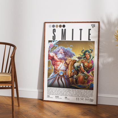 A framed art print featuring a colorful illustration of Norse gods Thor and Freyja under the title 'SMITE', leaning against a white wall on a wooden floor next to a wooden chair.