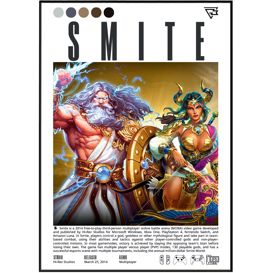 Front cover of the Smite board game box, featuring a dramatic fantasy illustration of a muscular blond warrior holding a shield beside a horned female figure. Large 'SMITE' title text appears at the top, with color swatches and product details along the bottom.