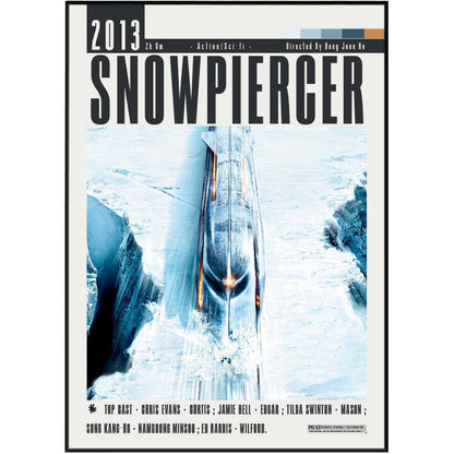 Movie poster for the 2013 film Snowpiercer, featuring a central train traveling through icy snowy cliffs. The title 'SNOWPIERCER' is displayed in large bold letters at the top, with the year '2013' at the upper left and cast names at the bottom.