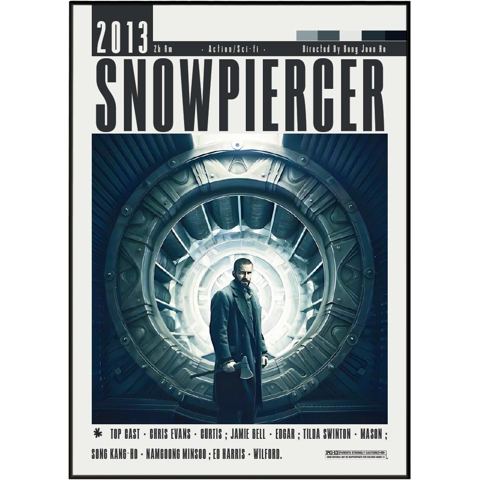 A movie poster for the 2013 film Snowpiercer, featuring a dark sci-fi illustration of a man standing in front of a massive circular tunnel opening. The title 'SNOWPIERCER' is printed in large black letters at the top, with release and production credits around the edges.