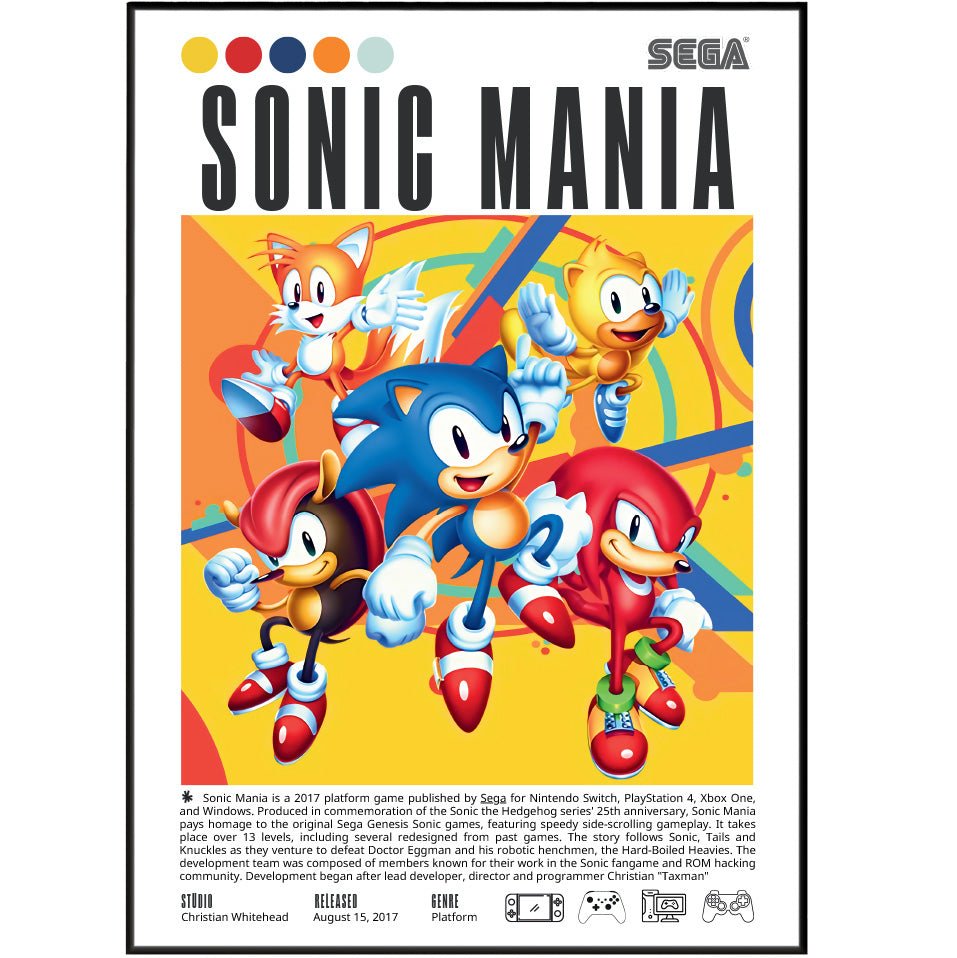 Sonic Mania 2017 game poster — Evening Star Sega Sonic Tails Knuckles classic pixel wall art print UK - 98types