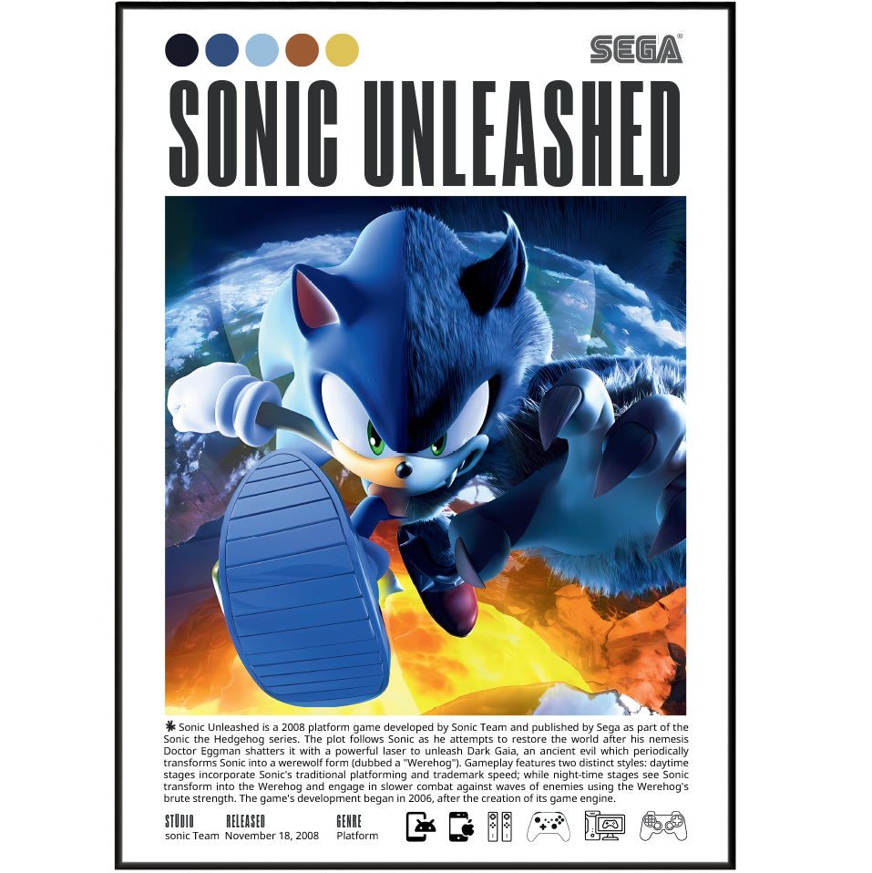 Sonic Unleashed 2008 game poster — Sega Sonic Werehog day night boost gameplay wall art print UK - 98types