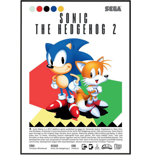 Sonic the Hedgehog 2 1992 retro game poster — Sega Mega Drive Sonic Tails Emerald Hill wall art print UK - 98types