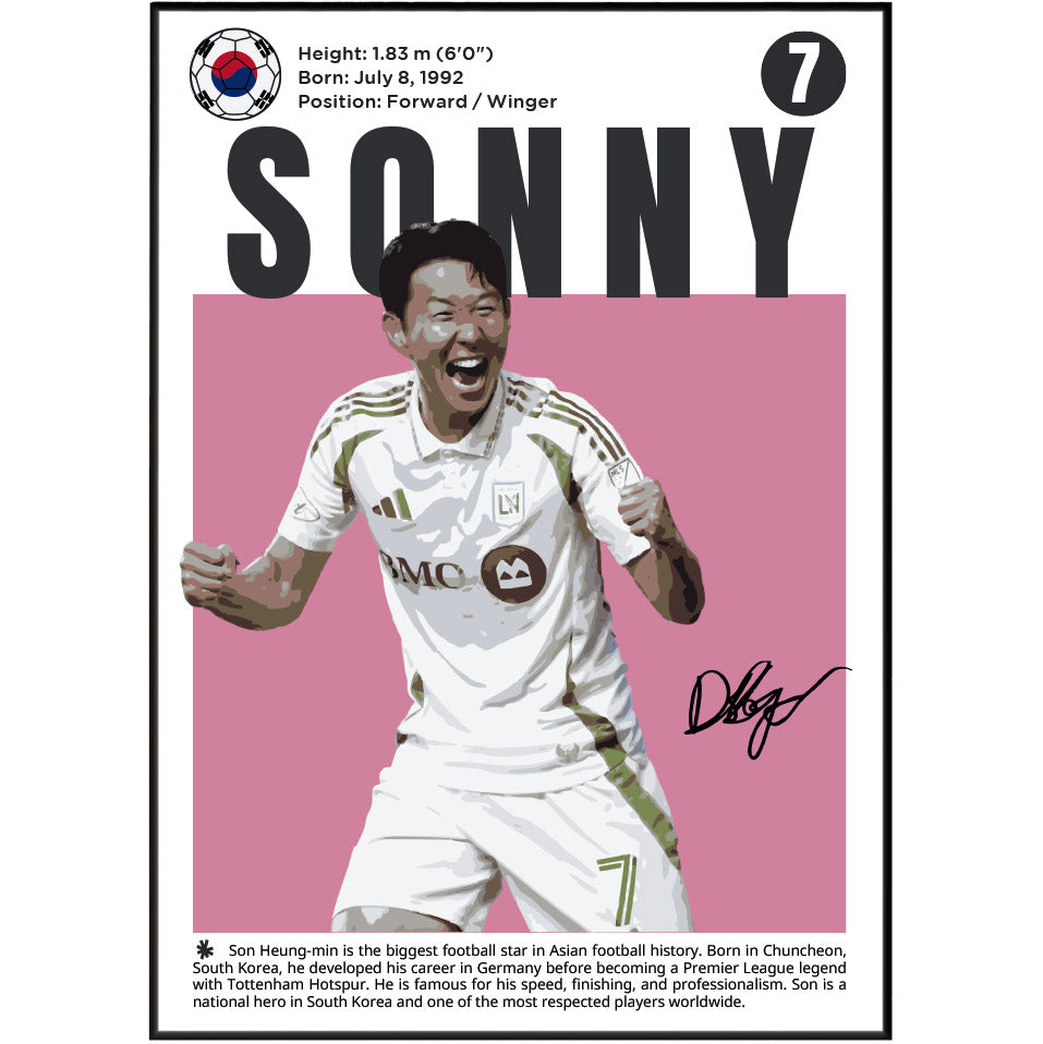 A framed poster featuring a stylized portrait of South Korean footballer Son Heung-min as 'SONNY', with his birth details, position, a South Korean flag emblem, a large pink background, his number 7, a signature, and a short biographical text at the bottom.