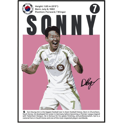 A framed poster featuring a stylized portrait of South Korean footballer Son Heung-min as 'SONNY', with his birth details, position, a South Korean flag emblem, a large pink background, his number 7, a signature, and a short biographical text at the bottom.