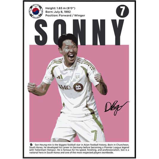 A framed poster featuring a stylized portrait of South Korean footballer Son Heung-min as 'SONNY', with his birth details, position, a South Korean flag emblem, a large pink background, his number 7, a signature, and a short biographical text at the bottom.