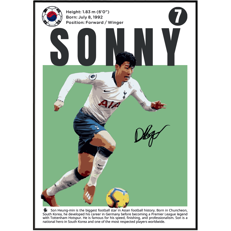 A framed football poster featuring Son Heung-min in a white Tottenham jersey, with large 'SONNY' text, a South Korean flag emblem, biographical details, and a signature on a white background.