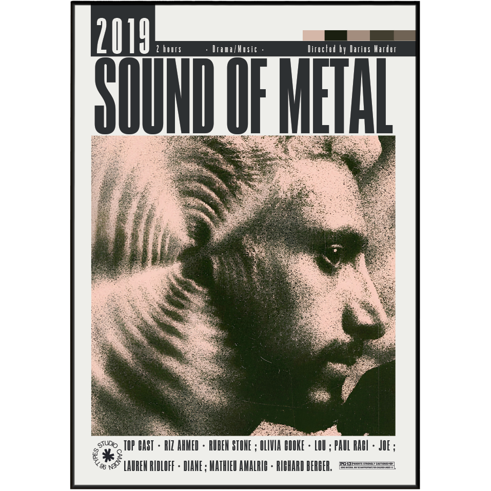 Sound of Metal 2019 box art cover featuring a black and white textured portrait of a man's face, with the title 'SOUND OF METAL' in large bold letters and a black border.