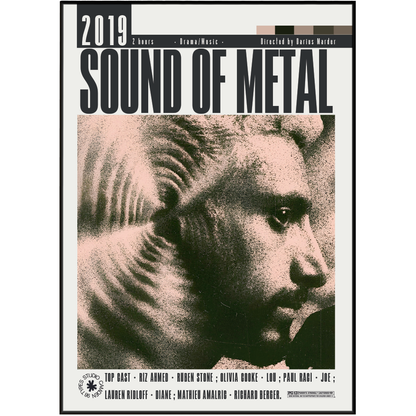 Sound of Metal 2019 box art cover featuring a black and white textured portrait of a man's face, with the title 'SOUND OF METAL' in large bold letters and a black border.