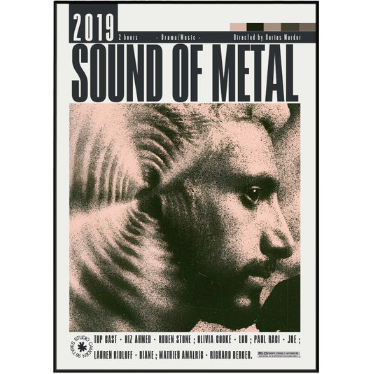 Sound of Metal 2019 box art cover featuring a black and white textured portrait of a man's face, with the title 'SOUND OF METAL' in large bold letters and a black border.