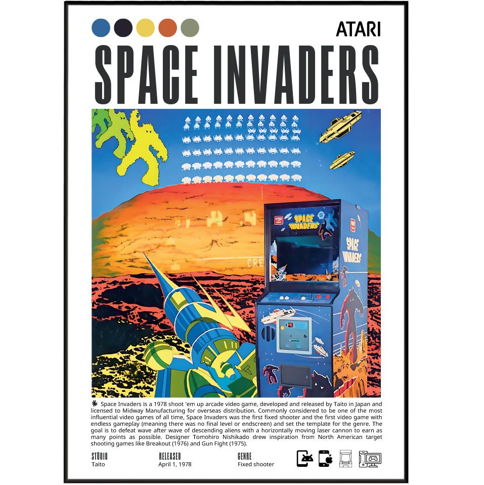 Space Invaders 1978 retro arcade game poster — Taito alien wave shooter arcade classic wall art print UK - 98types